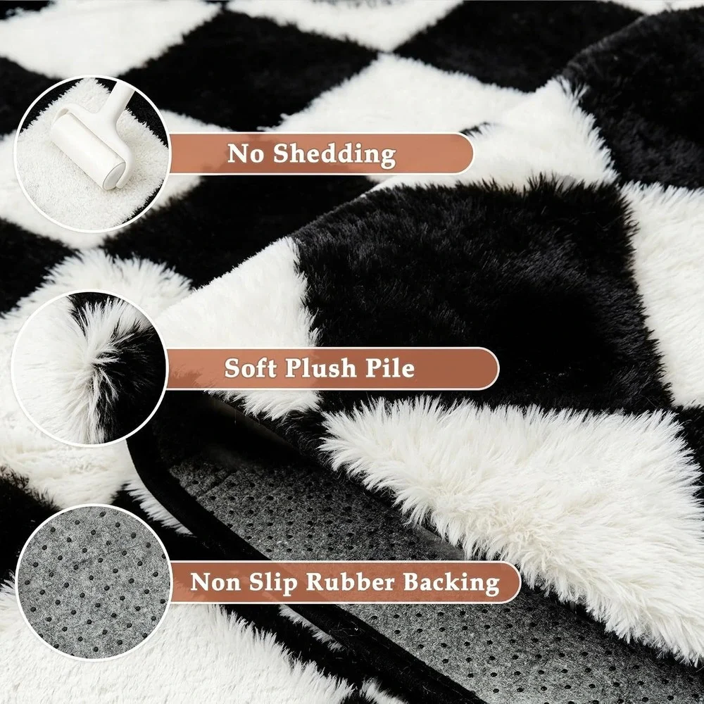 Checkered Rug 6X9 Living Room Black White Modern Shag Rug Washable Large